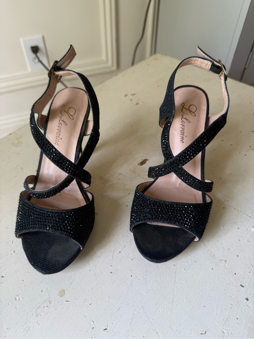 Lorraine Black Crystal-Embellished Strappy Heels